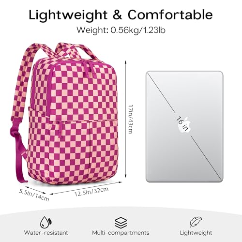 Checkered Backpack for Women Fashion Backpacks with Laptop and Multi Compartment for Travel and Work Rose Red Check - color: Rose Red Check