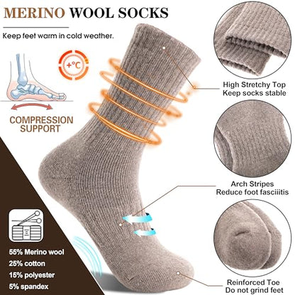 MOGGEI 5 Pairs Womens Merino Wool Socks Hiking Warm Winter Thick Thermal Crew Cozy Cabin Ladies Gift Comfy Boot Work Socks - color: Khaki/Green/Gray/Coffee