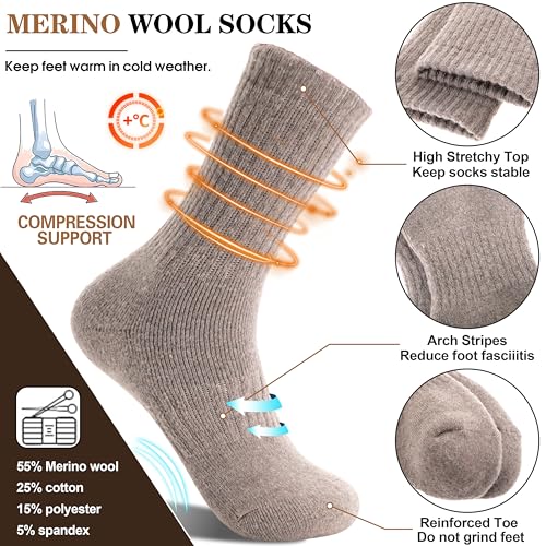 MOGGEI 5 Pairs Womens Merino Wool Socks Hiking Warm Winter Thick Thermal Crew Cozy Cabin Ladies Gift Comfy Boot Work Socks - color: Black/Grey/Light Violet/Light Coffee/White