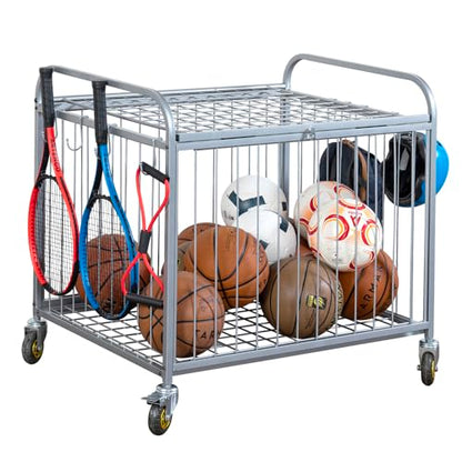 MyGift Large Capacity Metal Rolling Multi Sports Ball Cage Storage Hopper, Gym Equipment Basket Cart with Lockable Latch, Heavy Duty Caster Wheels, and 8 Accessory Hooks - color: Silver