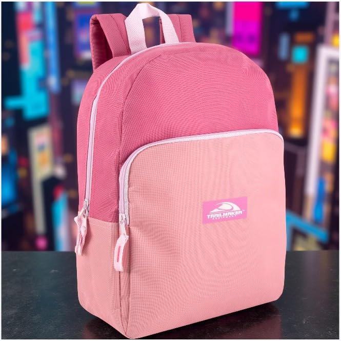 Trail maker 15 Inch Backpack for Girls, Preschool, Elementary & Middle School Students – Spacious Bookbag with Large Front Pocket, Adjustable Straps, Fits up to 13 Inch Laptop (Pink) - color: Pink