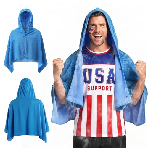 Cooling Hooded Beach Towel Cloak for Men Women - Double Layer PVA Fabric Cool Towel Cape, Instant Cooling Soft Ice Towelfor Beach Yoga Camping (Blue) - color: Blue