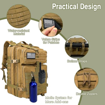 WOLT Military Tactical Backpack for Men 45L Molle Backpack 3 Day Assault Pack Bug Out Bag, Heavy Duty Rucksack for Hiking Gym(Khaki) - color: Khaki