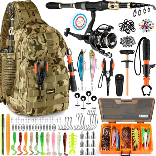 PLUSINNO Fishing Backpack with Fishing Rod and Reel Combos Tackle Boxes, Waterproof Tackle Backpack for Gear with Rod Holder, Fish Gifts for Men with Tool Kit... - color: Khaki Camo Backpack With Rod and Reel Combo