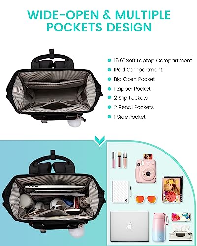 LOVEVOOK School Backpack for Student,15.6 Inch College Backpack, Light Weight Cute Bookbag for Girls, Waterproof Casual Daypack Laptop Backpack fits School Travel Casual（Black）