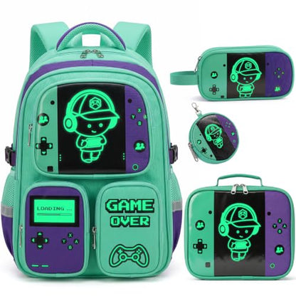 Boys Backpack, Luminous Gamer Backpack for Boys with Lunch Box,Pencil Case and Coin Puese,Kids Schoolbag Bookbag for Teen Boy Elementary Middle High School Travel(Green-Purple) - color: Green-purple