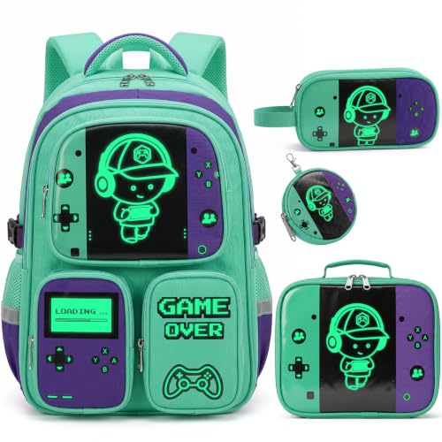 Boys Backpack, Luminous Gamer Backpack for Boys with Lunch Box,Pencil Case and Coin Puese,Kids Schoolbag Bookbag for Teen Boy Elementary Middle High School Travel(Green-Purple) - color: Green-purple