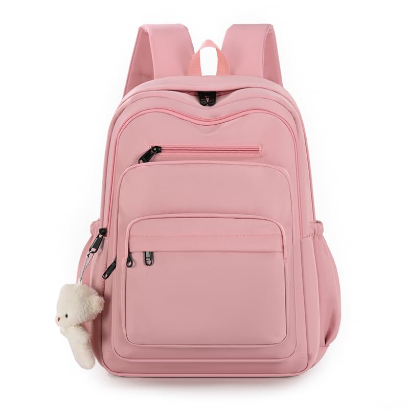JARKJARD Cute School Backpack for Kids Teen Girls Aesthetic Lightweight Large Capacity Bookbag College Students School Bag Casual Travel Solid Color Daypack（Pink） - color: Pink