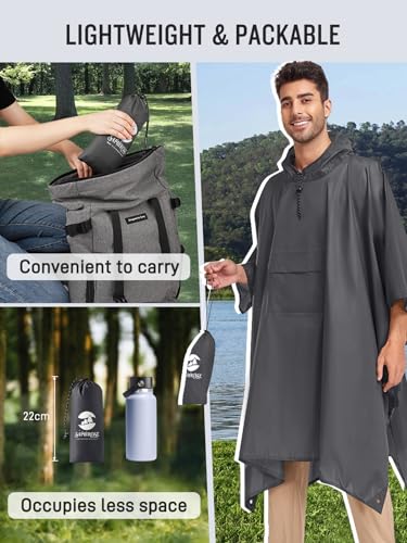SaphiRose Extra Thick Hooded Rain Poncho Double Layer Waterproof Raincoat Jacket for Men Women Adults - color: Grey