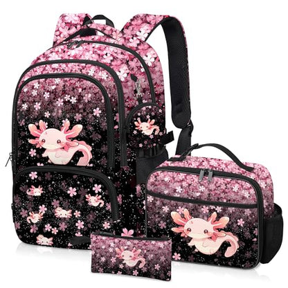 Axolotl Backpack for Girls, Girls Backpacks with Lunch Box and Pencil Case for School, Kids Axolotl Bookbag - color: Axolotl