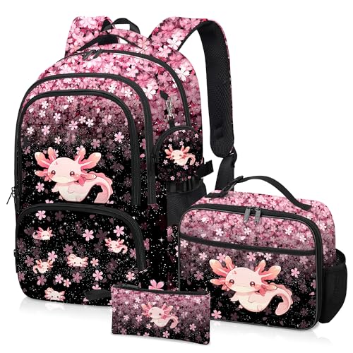 Axolotl Backpack for Girls, Girls Backpacks with Lunch Box and Pencil Case for School, Kids Axolotl Bookbag - color: Axolotl