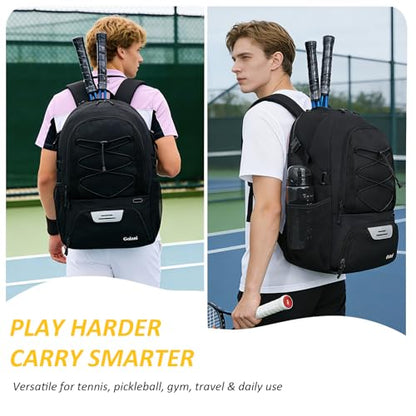 Goloni Tennis Backpack, Tennis Bag with Fence Hook & Ventilated Shoe Compartment, Holds 2 Tennis Rackets - color: Black