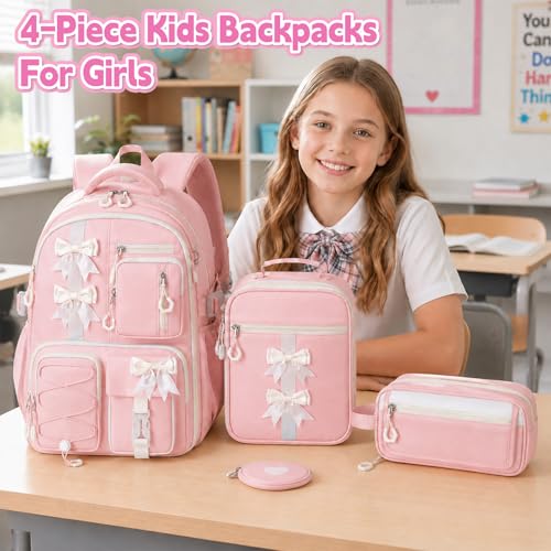 Girls Backpack with Lunch Box Set, 4 PCS Cute Kawaii School Bookbag for Elementary Girls, Pink Aesthetic Large Laptop Backpack for Kids & Teens - color: Pink
