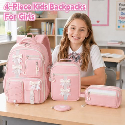 Girls Backpack with Lunch Box Set, 4 PCS Cute Kawaii School Bookbag for Elementary Girls, Pink Aesthetic Large Laptop Backpack for Kids & Teens - color: Pink