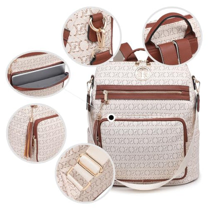 Women's Convertible Backpack Purse, Large Leather Travel Backpack 2PC Set - color: Beige