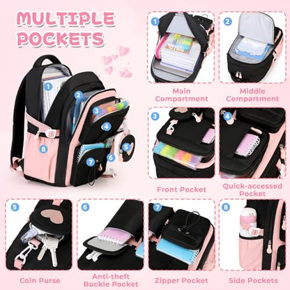 MOONBABY Girls Backpack, Kids Backpack for Girls, School bag for Primary Elementary Teenage, Middle School Students Bookbag - color: Black Pink