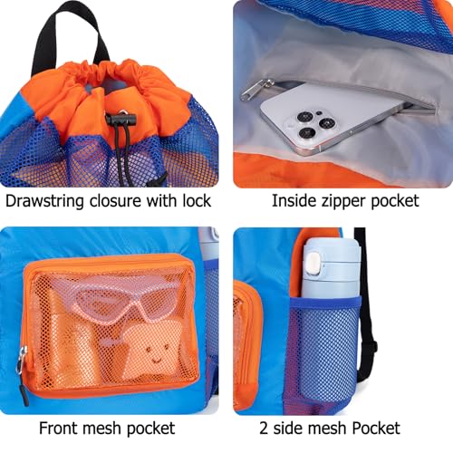 Swim Bag for Kids Mesh Beach Backpack for Boys Lightweight Drawstring Beach Bag Swimming Pool Sports Gym String Bag (Blue) - color: Blue