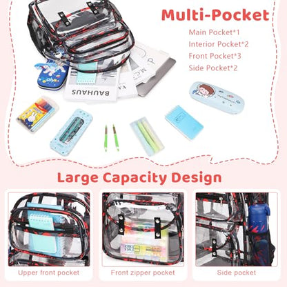 ACESAK Clear Backpack for Boys - 3 Pcs Clear Backpack Heavy Duty with Lunch Bag - See Through Bookbag Stadium Approved for Kids Middle High College School Sport Travel (Red) - color: Red