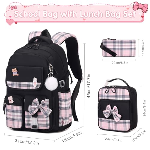 ACESAK Girls Backpack - 3PCS Backpack for Girls Cute School Backpacks for Girls Kindergarten Elementary Preschool Middle Kids School Bags with Lunch Box Pencil Case Set (Black) - color: Black