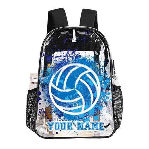 Custom Volleyball Clear Backpack Heavy Duty for Girls Kids Boys | Large Cool PVC Volleyball Theme Printing Transparent Backpacks for Schools Stadium Concerts Work - Clear/Black - color: Volleyball Clear Backpack 2 Black Custom