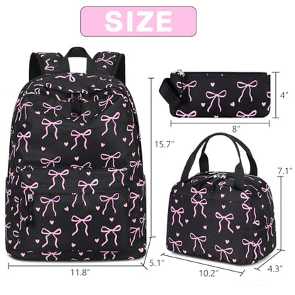 LOIDOU Backpack for Teen Girls Bookbags School Backpack with Lunch Box and Pencil Case 3 in 1 School Bags Set - color: Black Bow-Tie