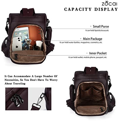 ZOCAI Backpack Purse for Women Fashion Backpack Purses PU Leather Daypacks Anti-Theft Shoulder Bag Satchel Purse - color: Wine