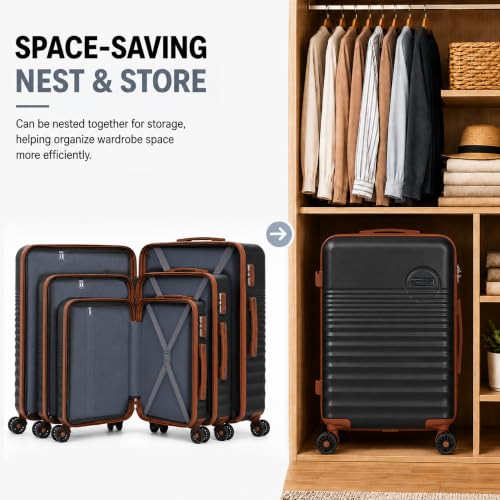 CONCEPTEN Luggage Sets 5 Piece, ABS+PC Hardshell Suitcases with Wheels - color: Black, size: 5 Piece Sets (20/24/28/Db/Tb)
