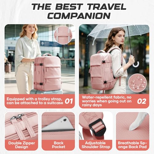 Travel Backpack with Compression Vacuum Storage Bag & Electric Pump, Expandable Flight Approved Carry On Backpack, 18x14x8 inches Personal Item Travel Bag for Men Women, Pink - color: Pink