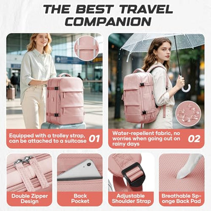 Travel Backpack with Compression Vacuum Storage Bag & Electric Pump, Expandable Flight Approved Carry On Backpack, 18x14x8 inches Personal Item Travel Bag for Men Women, Pink - color: Pink