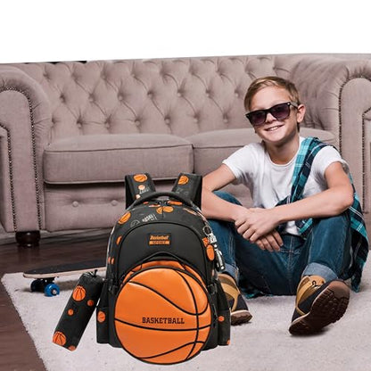 Boys' School Backpack with Lunch Box and Pencil Case - Ideal for Teens and Middle School Students, Orange Basketball - color: 08 Orange