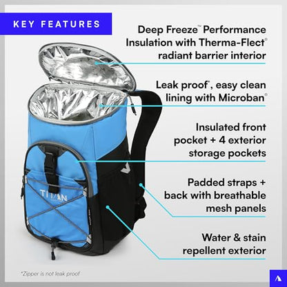 Titan by Arctic Zone Backpack Cooler, Insulated Soft Sided Bag with Leak Proof Lining and Padded Straps, for Lunch, Picnic, and Travel, 24 Can Capacity - color: Process Blue