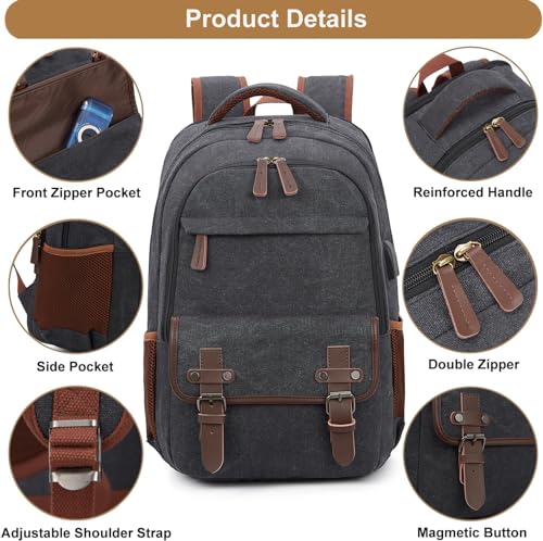 Canvas Travel Laptop Backpack for Men Women, business Work Rucksack College School Computer Bag Fits 15.6 Inch Laptop, Bookbag with USB Charging Port （Black）