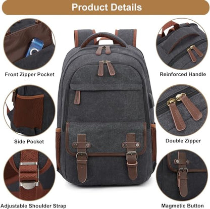 Canvas Travel Laptop Backpack for Men Women, business Work Rucksack College School Computer Bag Fits 15.6 Inch Laptop, Bookbag with USB Charging Port （Black）