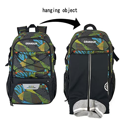 GRANDUP Basketball backpack with ball and shoes compartment Fit Volleyball, soccer, Swim, Gym, Travel, and School, large capacity sports training equipment bags - color: polygon camo