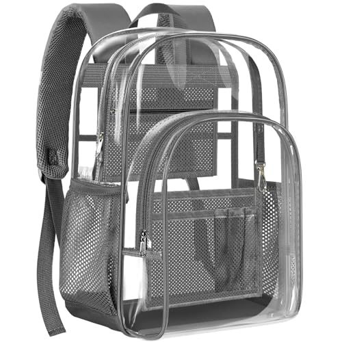 PAMANO Clear Backpack, Heavy Duty Transparent Reinforced Bottom See Through for College, Travel Work Security - color: Grey