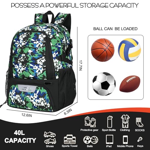 Goloni 40L Basketball Bag,Large Basketball Backpack with Ball Compartment & Shoe Compartment,Backpack for Soccer,Volleyball - color: Camouflage green