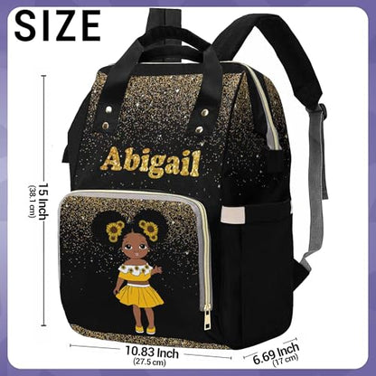 Custom Black Diaper Bag Backpack with Golden Glitter Personalized Black Women with Sunflower Nappy Bag Casual Travel Daypack Customized Newborn Gift for Women - color: 230112-6