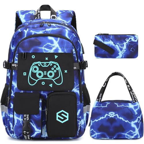Scothen Boys Backpack, Cool Luminous School Backpacks for Boys with Lunch Bag Pencil Case, Kids Backpack Kindergarten Elementary Middle School Book Bags for Teen Boy Children with USB Charging Port - color: Lightning-blue