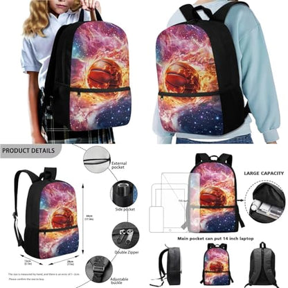School Bag Backpack Set for Kids Elementary Middle Kids Lightweight Casual Bookbag with Lunch Bag Pencil Case Water Bottle Sleeve, 4 PCS, Basketball Flame Starry Sky - color: Basketball Flame Starry Sky