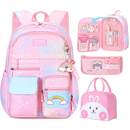 Kawaii Backpack, Pink Backpack for Girls, Kid Starry Rainbow Bookbag, Cute Backpack for Kids, Aesthetic Backpack, Pink(3 PCS Set) - color: 3 Pcs-set Pink Kawaii Backpack