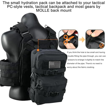 Tactical Mini Molle Hydration Pack,Molle Hydration Carrier with US Flag Water Resistant,Hydropack for Tactical Vest Backpack - style: Blk+bladder