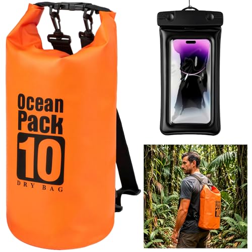 Waterproof Backpack 10L, Roll Top Closure Water Proof Dry Bag Orange, Lightweight Floating Dry Bag for Kayaking Boating, Durable Hiking Backpack with IPX8 Waterproof Phone Pouch-Black, 7" - color: Orange dry bag 10L + Phone pouch 7"
