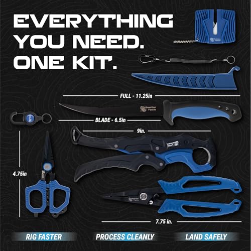 Reaction Tackle 7pc Fishing Tool Kit with Fillet Knife & Sharpener – Stainless Steel Fishing Pliers, Braid Scissors, Floating Fish Lip Gripper, Hook Remover, Lanyard – Freshwater & Saltwater Gear