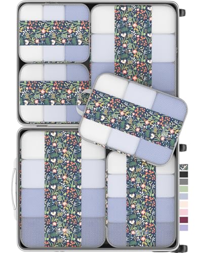 OlarHike 6 Set Compression Packing Cubes for Travel Essentials,Compressible Expandable Space Saver Bags for Organizing Clothes,Luggage Garment Bags with Over 1000 pcs Mesh Holes(Dark Blue Floral) - color: Dark Blue Floral