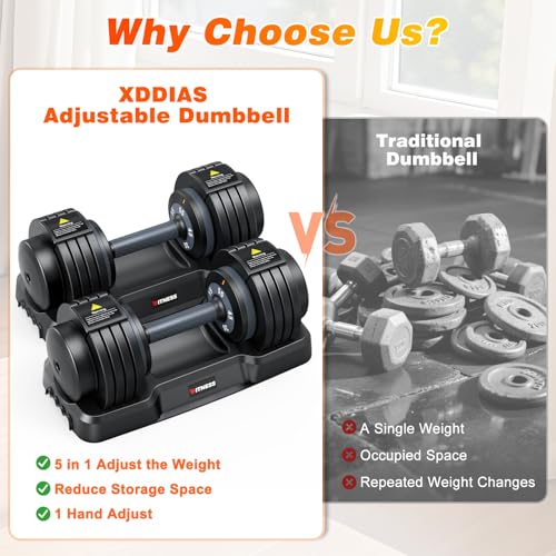 XDDIAS Adjustable Dumbbells Set of 2 for Strength Training, One-Hand Quick Adjust, 25/55/80/90 lbs Options, Anti-Slip Grip Handle, Compact Home Gym Weights for Men Women - color: Basic Black 5-Level 55LB Pair