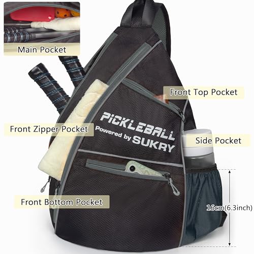 SUKRY Pickleball Bag Sling backpack with Water Bottle Holder for Men and Women Pickle ball Accessories Water-Resistant Sprot Bag - color: Grey