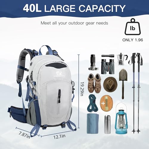 Farmer&Donkey Hiking Backpack, 40L Waterproof Camping Backpack with Packable Back Panel & Rain Cover, Men Women Rucking Backpacking Backpack Outdoor Sport Lightweight Travel Daypack for (Grey) - color: Grey