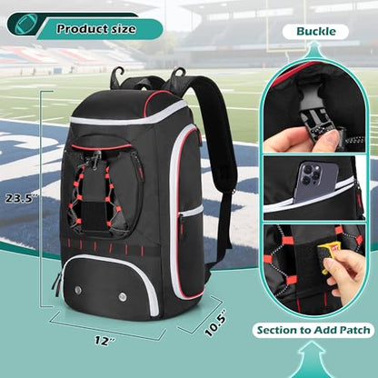 Smasrob Football Bag for Equipment with External Ball Holder, Insulated Pocket and Fence Hooks, Football Backpack for Youth and Adult - color: Black