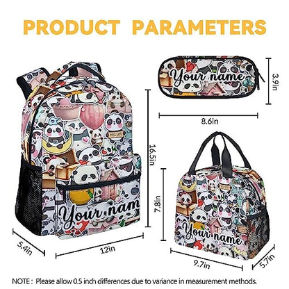 Personalized Panda Backpack with Lunch Box And Pencil Case, 16 Inch Panda Theme Bookbag with Adjustable Straps, Durable, Lightweight, Large Capacity, School Backpack for Girls Women - color: Panda4-3
