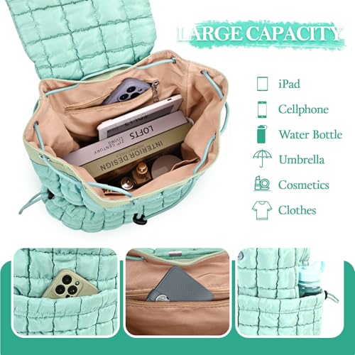 Quilted Puffer Backpack for Women Lightweight Soft Puffy Backpack Purse Casual Daily Drawstring Flap Daypack (Pine Green) - color: Pine Green